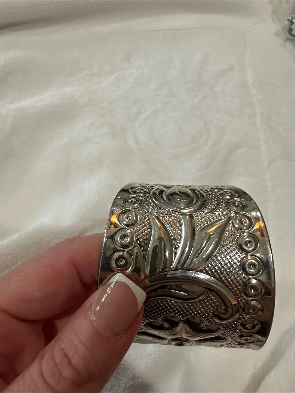 Silver Floral Embossed Cuff Bracelet